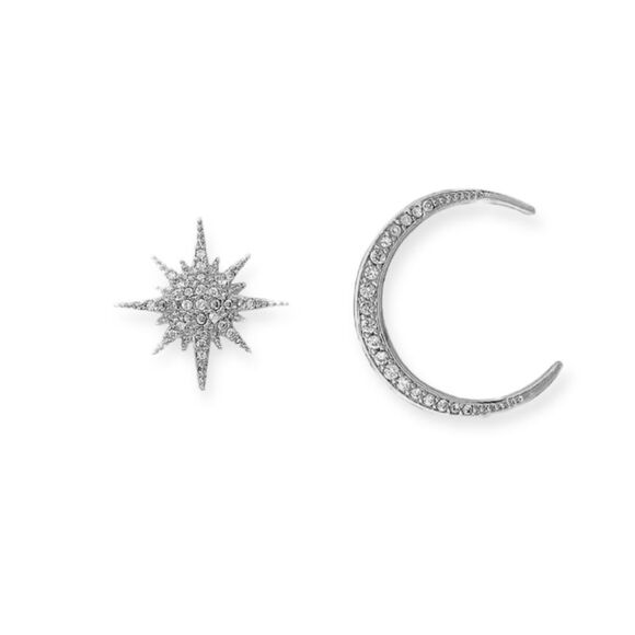 Silver Celestial Star & Moon Asymmetric Post Earrings - Picture 1 of 4